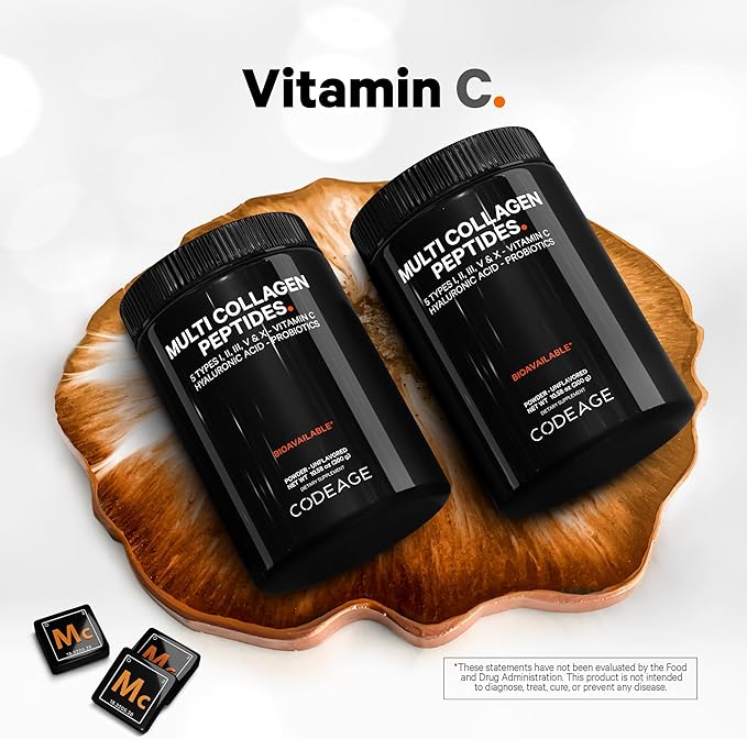 Codeage Multi Collagen Peptides Powder + Probiotics Black Edition, Vitamin C, Hyaluronic Acid Powder Supplement, Grass-Fed, Hydrolyzed, Zero Carbs, Type I, II, III, V & X, Unflavored, 10.58oz