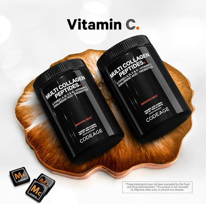 Codeage Multi Collagen Peptides Powder + Probiotics Black Edition, Vitamin C, Hyaluronic Acid Powder Supplement, Grass-Fed, Hydrolyzed, Zero Carbs, Type I, II, III, V & X, Unflavored, 10.58oz