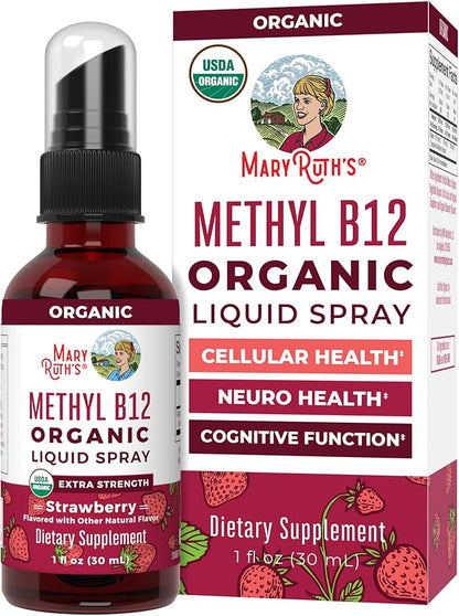MaryRuth's Vitamin B12 Liquid Spray | Vegan, Non-GMO, Gluten-Free | USDA Organic B12 Vitamin Supplement | Energy & Nervous System Support | B12 Vitamins for Women & Men | VIT b12 1,500 mcg | 1 Fl Oz