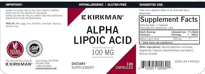 Kirkman Alpha Lipoic Acid 100 mg - Hypoallergenic | 120 Vegetarian Capsules