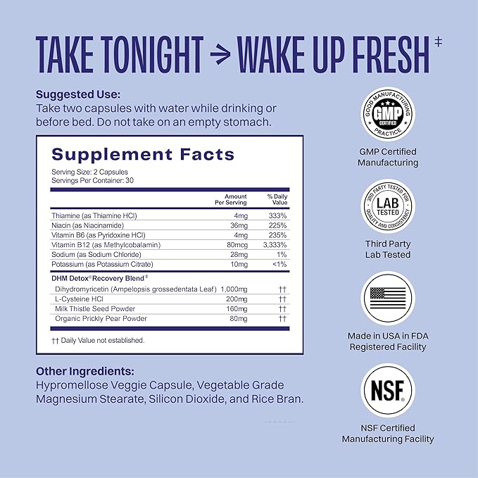 DHM Detox® - No Days Wasted® - New Look - Dihydromyricetin (DHM Supplement), Milk Thistle, Prickly Pear, B Vitamins, Hydration Electrolytes Blend-Take During Evening for Better Next Day and Recovery