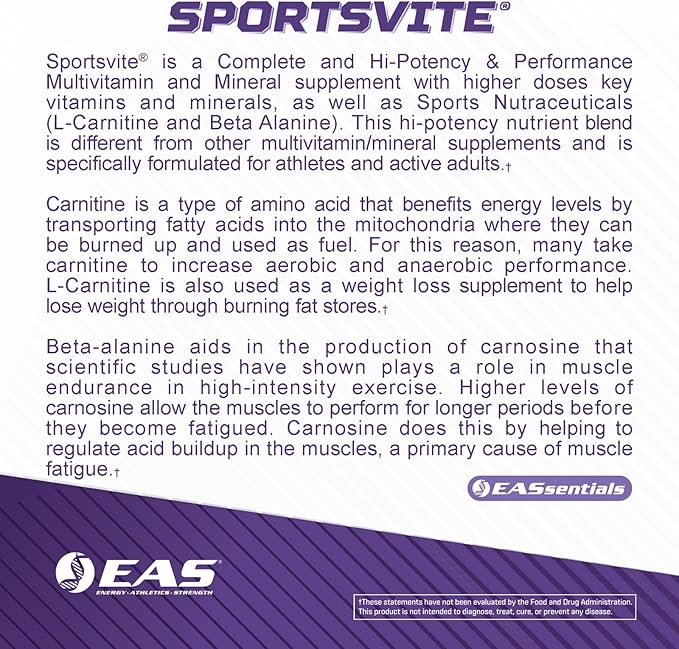 SportsVite High Potency Multivitamin for Athletes | Vitamin & Mineral Nutrient Blend | 2300mg Beta Alanine, 2000mg Carnitine Tartrate | 180 Tablets