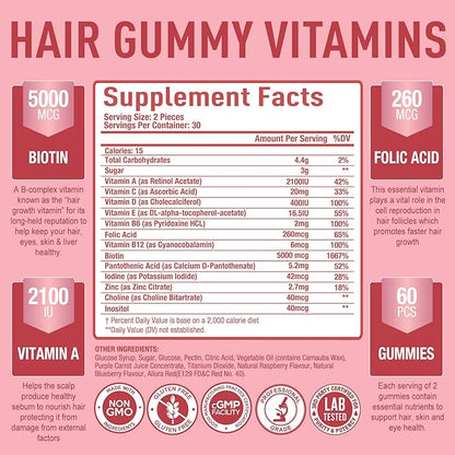 Purely Optimal Premium Hair Vitamins Supplement-Gummy Vitamins w/Biotin, Folic Acid, Vitamins A&D-Supports Faster Hair Growth & Promotes Healthy Hair, Skin, & Nails-60 Non-GMO Berry Flavored Gummies