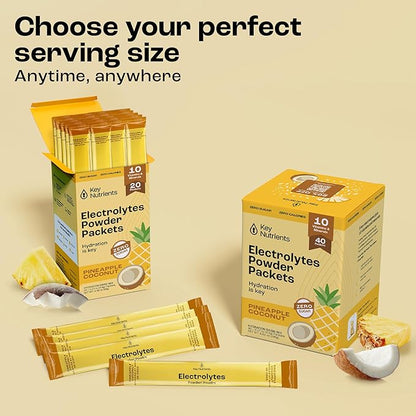 KEY NUTRIENTS Electrolytes Powder Packets - Tropical Pineapple Coconut 20 Pack Hydration Packets - Travel Hydration Powder - No Sugar, No Calories, Gluten Free Keto Electrolytes Powder - Made in USA