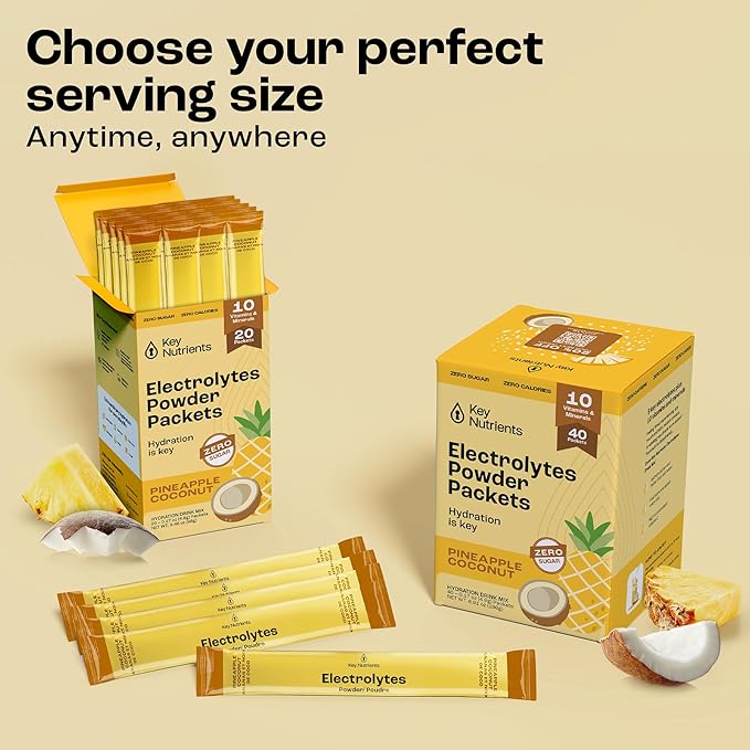 KEY NUTRIENTS Electrolytes Powder Packets - Tropical Pineapple Coconut 40 Pack Hydration Packets - Travel Hydration Powder - No Sugar, No Calories, Gluten Free Keto Electrolytes Powder - Made in USA