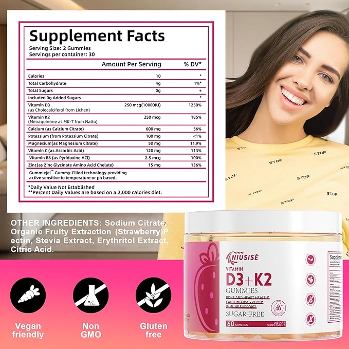 Vitamin D3 + K2 Sugar Free Gummies, 10000 IU Vitamin D3 + 250 mcg Vitamin K2, Supports Bone & Heart Health for Adults, Promotes Calcium Absorption & Immune Health, Non-GMO, 60 Gummies