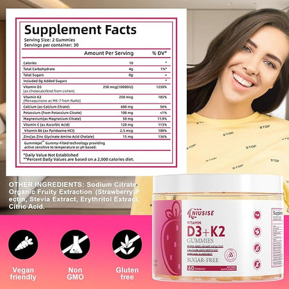 Vitamin D3 + K2 Sugar Free Gummies, 10000 IU Vitamin D3 + 250 mcg Vitamin K2, Supports Bone & Heart Health for Adults, Promotes Calcium Absorption & Immune Health, Non-GMO, 60 Gummies