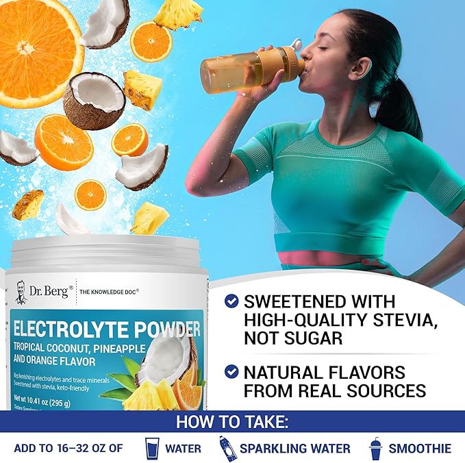 Dr. Berg Zero Sugar Hydration Keto Electrolyte Powder - Enhanced w/ 1000 mg of Potassium & Real Pink Himalayan Salt (NOT Table Salt) - Tropical Coconut, Pineapple & Orange Drink Supplement 50 Servings