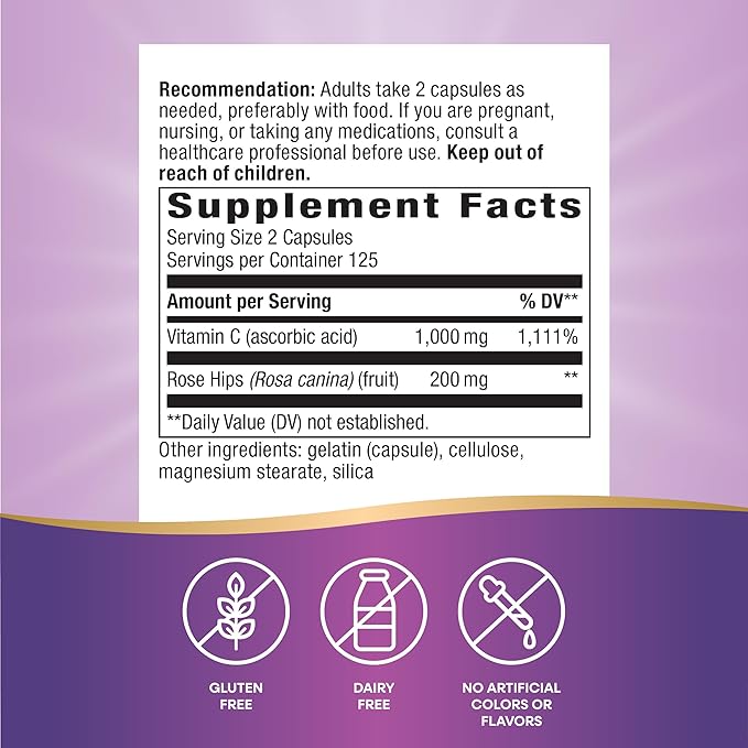 Nature's Way Vitamin C with Rose Hips, Powerful Antioxidant & Immune Function Support from Vitamin C*, Promotes Collagen for Healthy Skin*, 1,000 mg Vitamin C per 2-Capsule Serving, 250 Capsules