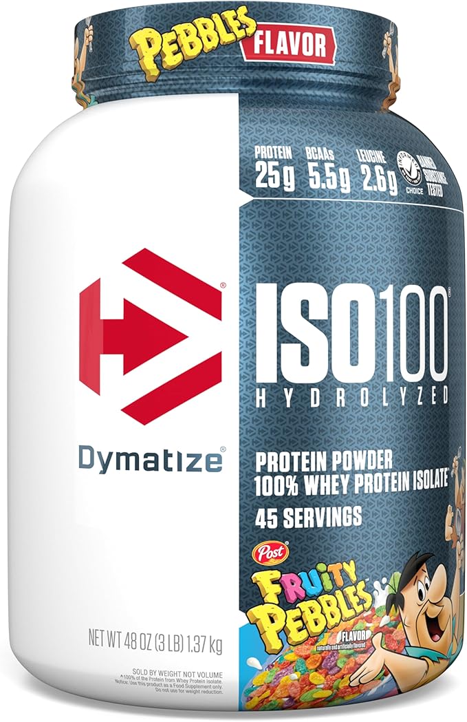 Dymatize ISO100 Hydrolyzed Protein Powder, 100% Whey Isolate, 25g of Protein, 5.5g BCAAs, Gluten Free, Fast Absorbing, Easy Digesting, Fruity Pebbles, 3 Pound