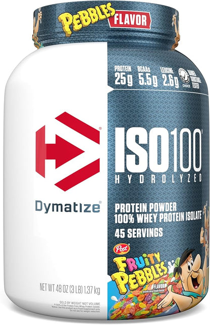 Dymatize ISO100 Hydrolyzed Protein Powder, 100% Whey Isolate, 25g of Protein, 5.5g BCAAs, Gluten Free, Fast Absorbing, Easy Digesting, Fruity Pebbles, 3 Pound