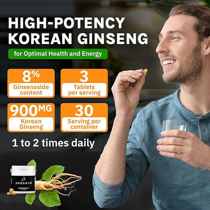 Auragin® Authentic Korean Red Ginseng – Made in Korea – 6 Year Roots – No Additives or Other Ingredients – 100% Red Panax Ginseng in Every Tablet