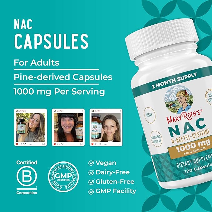 MaryRuth Organics Nutritional Supplement Capsule, N-Acetyl Cysteine, 2 Month Supply, NAC 1000mg Per Serving, Vegan, Non-GMO, Gluten Free, 120 Count