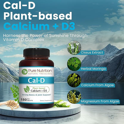 Pure Nutrition Cal D - Plant Based Calcium with Vitamin D3 K2 and Magnesium. Vegan Calcium Supplement with 500mg Elemental Calcium per Serving. Algae Calcium Supplement for Bone Health | 180 Tabs