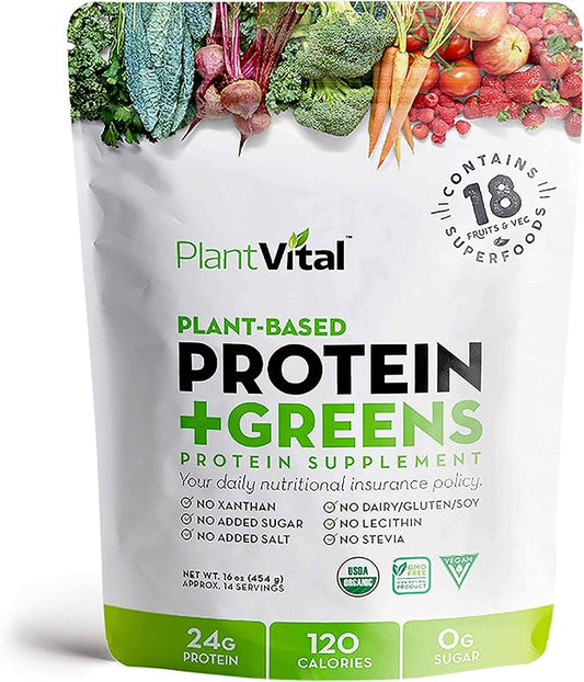 Plantvital Unflavored Organic Vegan Protein Powder - 18 Superfoods, Veggies and Probiotics - Organic Plant-Based Protein Powder - All BCAA’s, Gluten Free - 16oz -1 Pouch