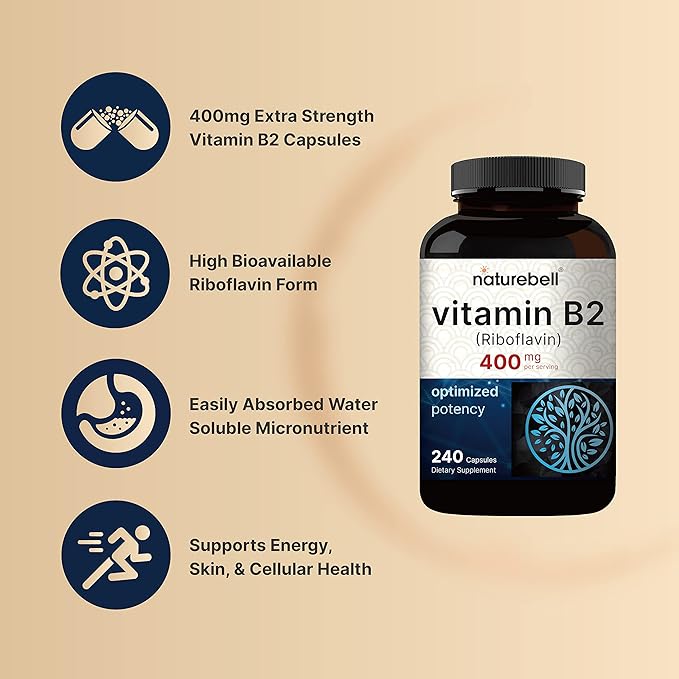 NatureBell Vitamin B2 Riboflavin 400mg Per Serving, 240 Capsules | Essential Daily B Vitamin, Easily Absorbed Form – Supports Energy, Skin, and Cellular Health – Non-GMO, Gluten Free