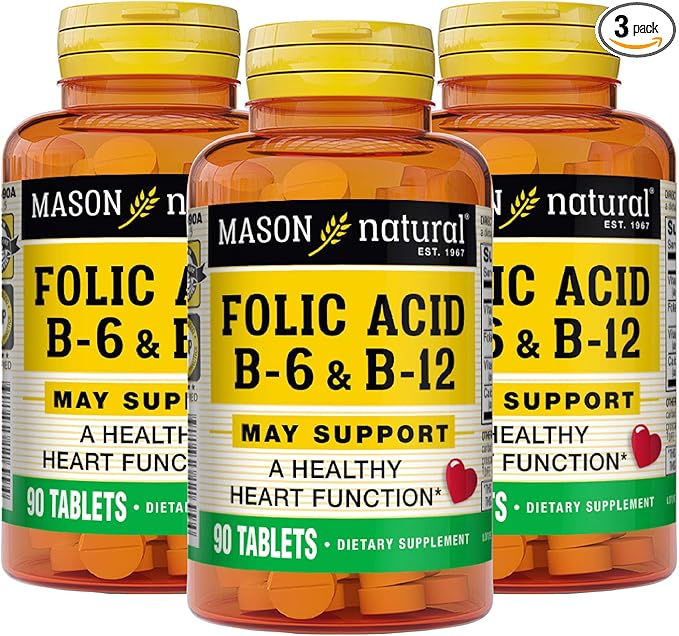 MASON NATURAL Heart Formula B6/B12/Folic Acid Tablets, Dietary Supplement Supports Cardiovascular Health, Red Blood Cell Formation, Metabolic Function, 90 Count (Pack of 3)