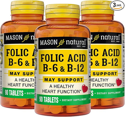 MASON NATURAL Heart Formula B6/B12/Folic Acid Tablets, Dietary Supplement Supports Cardiovascular Health, Red Blood Cell Formation, Metabolic Function, 90 Count (Pack of 3)
