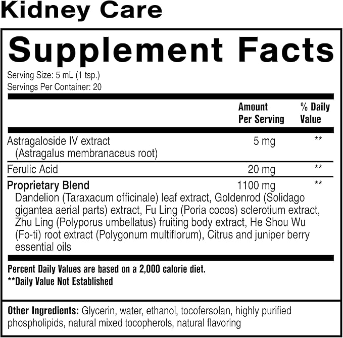 Quicksilver Scientific Kidney Care - Kidney Cleanse & Lymphatic Drainage Supplements - Astragaloside IV Extract, Zhu Ling, Goldenrod, Ferulic Acid, He Shou Wu & Dandelion Leaf (3.38oz / 100ml)