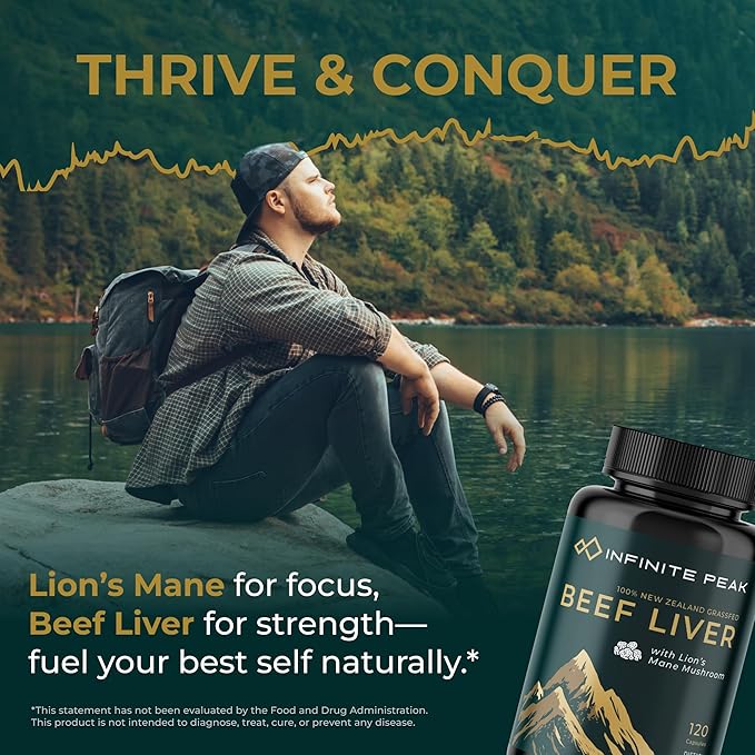 Grass Fed Beef Liver Capsules w/ Lions Mane for Energy, Focus & Memory | Grassfed Beef Liver Supplement Supports Full Body Wellness | Beef Organs Supplement for Men - Freeze Dried | 30 Serving-120 Cnt