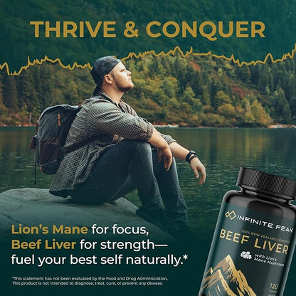 Grass Fed Beef Liver Capsules w/ Lions Mane for Energy, Focus & Memory | Grassfed Beef Liver Supplement Supports Full Body Wellness | Beef Organs Supplement for Men - Freeze Dried | 30 Serving-120 Cnt