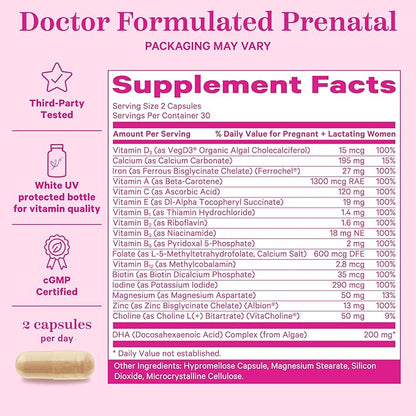 Pink Stork Total Prenatal Vitamins with DHA, Folate, Iron, Choline, and Vitamin B12 - Preconception Nutrition - Prenatals for Women, Pregnancy Must Haves - Mint Essence, 60 Capsules, 1 Month Supply