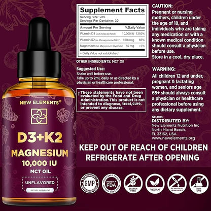 Liquid Vitamin D3 K2 10000IU with Magnesium Glycinate 5mg | VIT D3 K2 Drops for Adults | Mk7 Vitamin K2 100mcg | Vitamin D3 + K2 Supplement for Men & Women | Gluten Free | Non-GMO