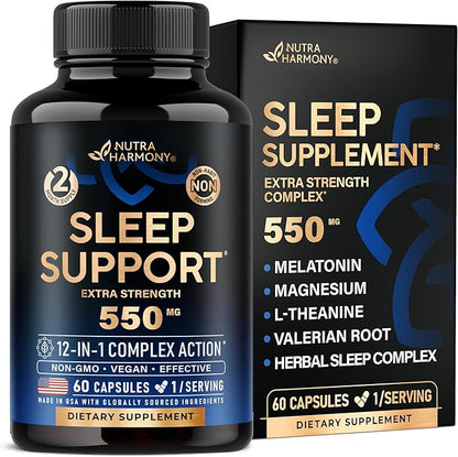 Sleeping Pills for Adults 550mg - Valerian Root for Sleep | Melatonin 3mg | L-Theanine | Magnesium - Natural Sleep Aid Supplement - Non-Habit Forming Rest Support - Made in USA - 1/Day | 60 Capsules