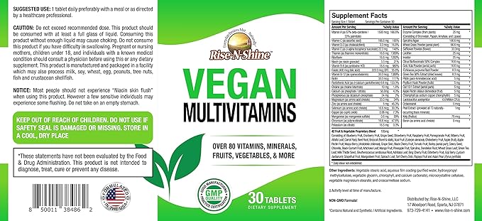 Vegan MultiVitamins Complete Daily MultiVitamin and MultiMineral for Men and Women with Over 80 Vitamins, Minerals, Fruits, Vegetables and More 30 Count