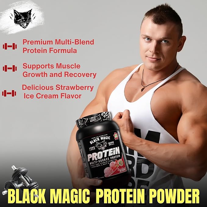 Worldwide Nutrition Bundle Compatible with Black Magic Protein Powder - Multi-Source Protein Whey, Egg & Casein Complex with Enzymes & MCT- 2LB Strawberry Ice Cream Flavor with Multi-Purpose Keychain