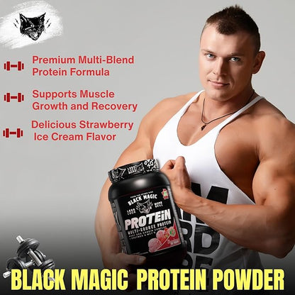 Worldwide Nutrition Bundle Compatible with Black Magic Protein Powder - Multi-Source Protein Whey, Egg & Casein Complex with Enzymes & MCT- 2LB Strawberry Ice Cream Flavor with Multi-Purpose Keychain