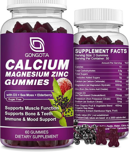 Calcium Magnesium Zinc with Vitamin D3 Supplement, Highly Absorbent Calcium Gummies with 300mg Magnesium glycinate Support Bone & Teeth, Muscle for Adults and Teens,Sugar Free, Vegan - 60 Count