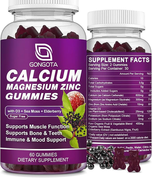 Calcium Magnesium Zinc with Vitamin D3 Supplement, Highly Absorbent Calcium Gummies with 300mg Magnesium glycinate Support Bone & Teeth, Muscle for Adults and Teens,Sugar Free, Vegan - 60 Count