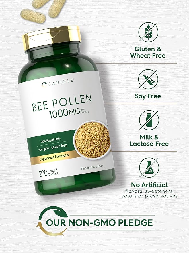 Carlyle Bee Pollen Supplement | 1000mg | 200 Caplets | with Royal Jelly and Bee Propolis | for Men and Women | Vegetarian, Non-GMO, Gluten Free