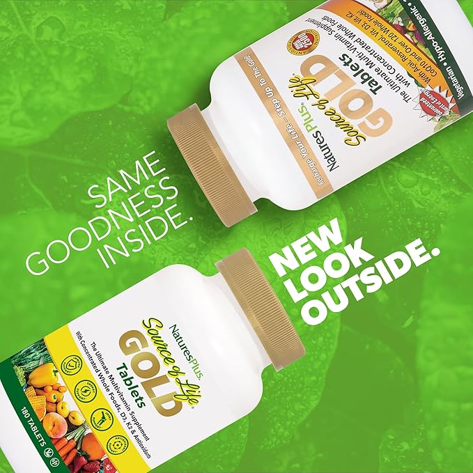 Natures Plus Source of Life Gold Multivitamin - 180 Tablets - with Vitamins D3 & B12 - Blood, Bone & Immune Support - Vegetarian & Gluten Free - 60 Servings