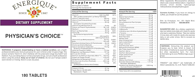 Physican's Choice multivitamin Providing Optimal doses of Essential Vitamins and Minerals.