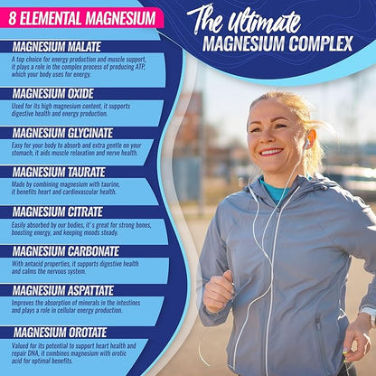 Magnesium Complex Supplement 8 Elemental Magnesium 1000mg - Magnesium Glycinate, Citrate, Malate, Taurate, Chelated for Easy Absorption for Bones, Muscle, Recovery, Energy, Vegan Non-GMO 90 Capsules