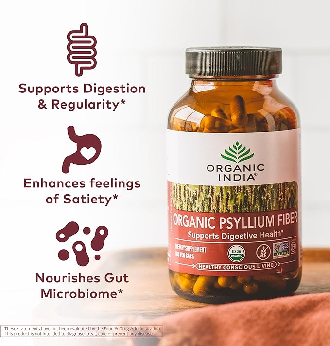 ORGANIC INDIA Psyllium Husk Capsules - Fiber Supplement, Healthy Elimination - Vegan, Keto Friendly, Gluten-Free, USDA Certified Organic, Non-GMO, Soluble & Insoluble Fiber Source - 180 Count