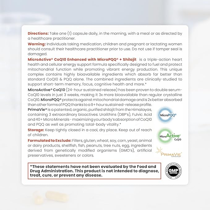 MicroActive CoQ10 Enhanced with MicroPQQ + Shilajit “Sustained Release” 60 Veg Caps | Convenient Once a Day Clinical Dose | 2 Month Supply | Vegan | Pharmaceutical Grade