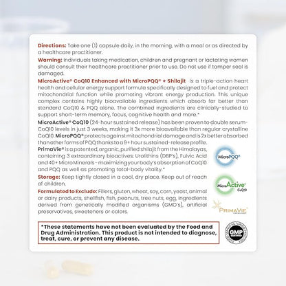MicroActive CoQ10 Enhanced with MicroPQQ + Shilajit “Sustained Release” 60 Veg Caps | Convenient Once a Day Clinical Dose | 2 Month Supply | Vegan | Pharmaceutical Grade