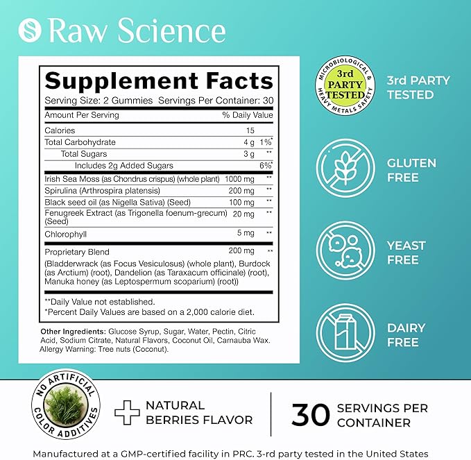 Irish Sea Moss Gummies - Detox Cleanse & Thyroid Support for Women & Men - Black Seed Oil, Manuka Honey, Fenugreek, Chlorophyll, Burdock Root - Gut Health, Immune Support & Energy Supplements - 60 pcs