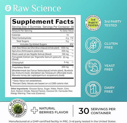 Irish Sea Moss Gummies - Detox Cleanse & Thyroid Support for Women & Men - Black Seed Oil, Manuka Honey, Fenugreek, Chlorophyll, Burdock Root - Gut Health, Immune Support & Energy Supplements - 60 pcs