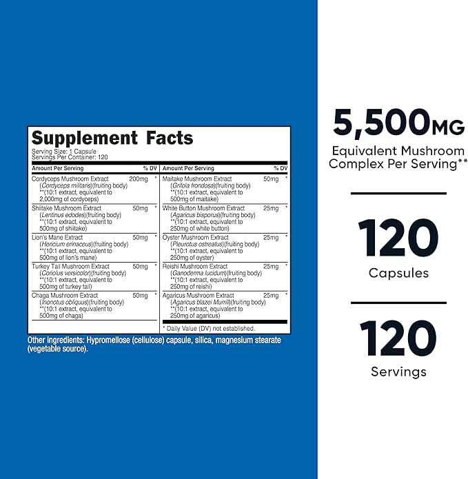 Nutricost Mushroom Complex Supplement, 120 Capsules - 10 Mushroom Blend (with Reishi, Maitake, Shiitake, Lion's Mane, and More) - Non-GMO and Gluten Free