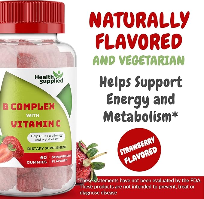 Strawberry Flavored Vitamin B Complex Gummies - B Complex with Vitamin C - Supports Nervous System and Boosts Energy Levels - Assists with Cognitive Function - Great Tasting and Easy to Swallow