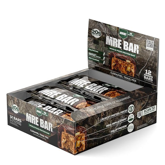 REDCON1 x Mossy Oak MRE Protein Bar, Caramel Trail Mix - 20g of Whole Food Protein + MCT Oil - Easily Digestible, Macro Balanced Low Sugar Meal Replacement Bar (12 Count)