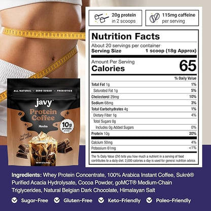 Javy Mocha Protein Coffee - Premium Whey Protein & Instant Iced Coffee - 100% Arabica Coffee - Zero Artificial Flavors & Sweeteners, 20 Servings