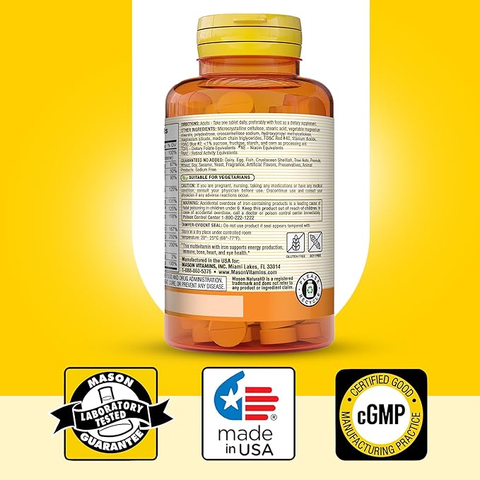 MASON NATURAL Mini Multi Vitamins with Iron, Vitamins A, C, D, E, B1, B2, B3, B6, B12, Folate and Calcium for Overall Health, 1 Year Supply