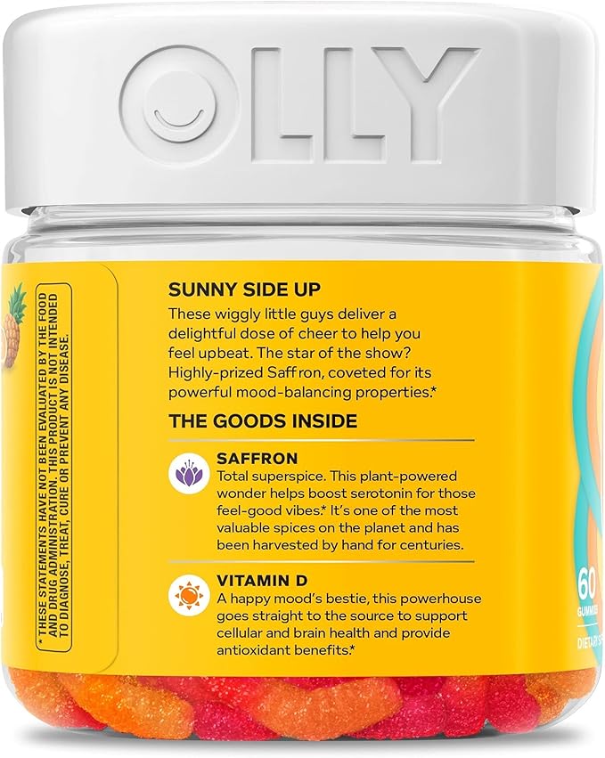 OLLY Hello Happy Gummy Worms, Mood Balance Support, Vitamin D, Saffron, Adult Chewable Supplement, Tropical Zing - 60 Count