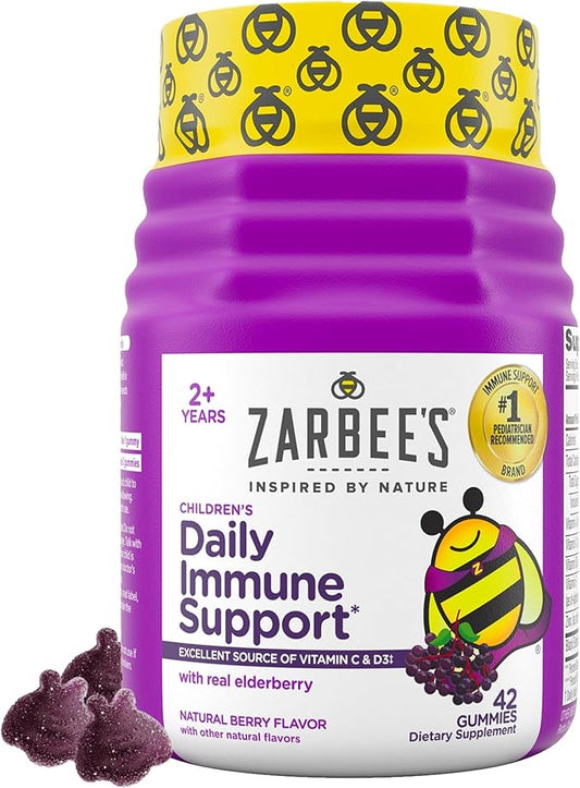 Zarbee's Children's Daily Immune Support Gummies with Real Elderberry + Vitamins A, C, D, E & Zinc to Help Promote a Healthy Immune System, No Artificial Flavors, Gluten-Free, 42 ct