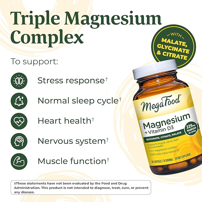 MegaFood Magnesium + Vitamin D3 Magnesium Complex with Magnesium Glycinate Magnesium Citrate & Magnesium Malate Vitamin D for Immune & Bone Support Vegetarian - 60 Capsules, 30 Servings (2 Pack)